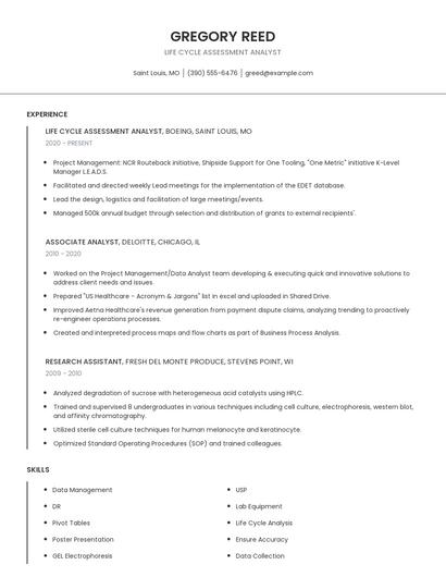 Life Cycle Assessment Analyst Resume
