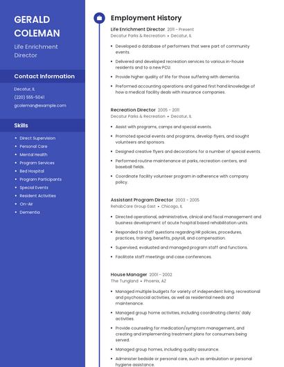 Life Enrichment Director Resume