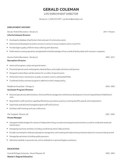 Life Enrichment Director Resume
