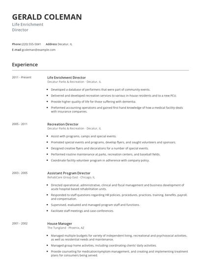 Life Enrichment Director Resume
