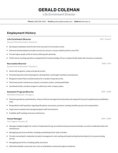 Life Enrichment Director Resume