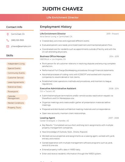 Life Enrichment Director Resume