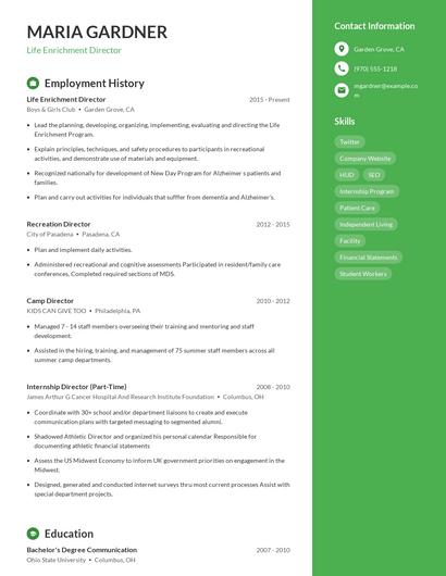 Life Enrichment Director Resume