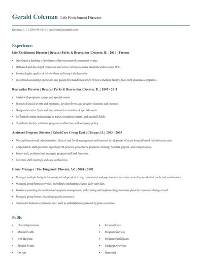 Life Enrichment Director Resume