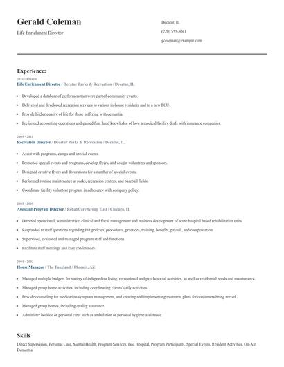 Life Enrichment Director Resume
