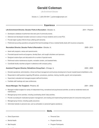 Life Enrichment Director Resume