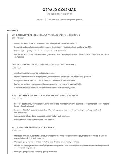 Life Enrichment Director Resume