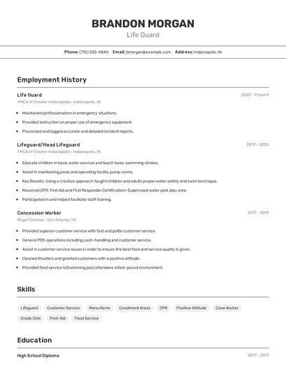 Life Guard Resume
