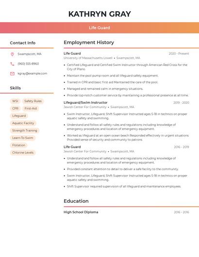 Life Guard Resume