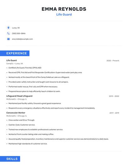 Life Guard Resume