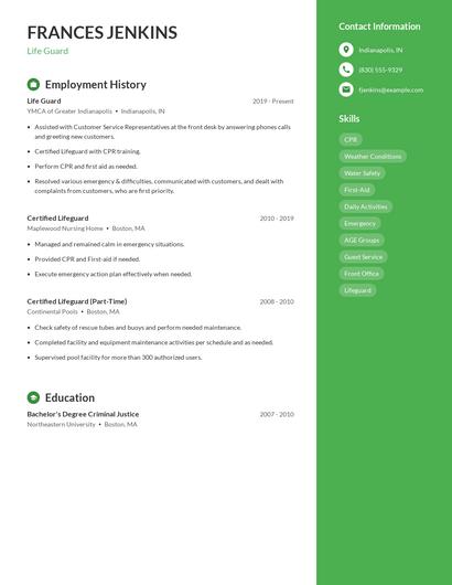 Life Guard Resume
