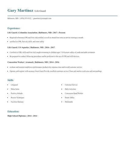 Life Guard Resume