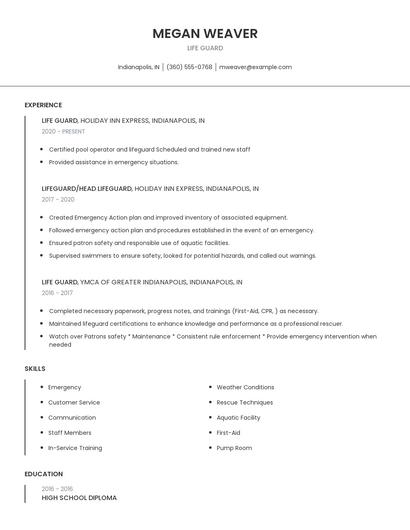 Life Guard Resume