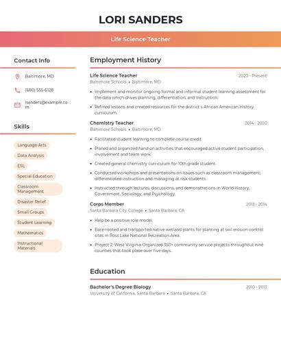 Life Science Teacher Resume