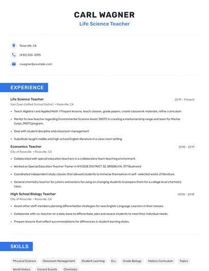 Life Science Teacher Resume