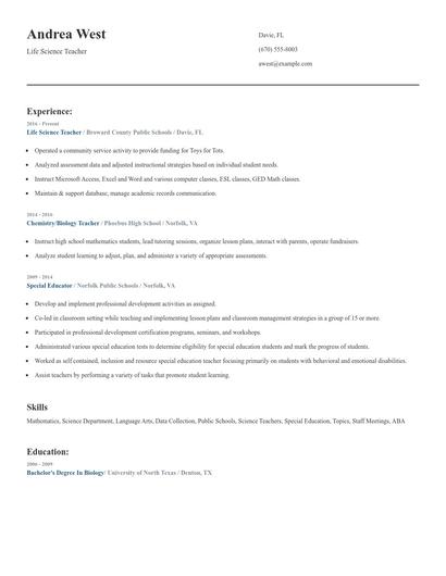 Life Science Teacher Resume