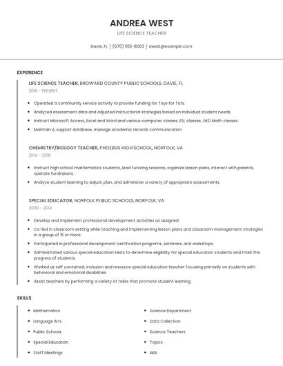 Life Science Teacher Resume