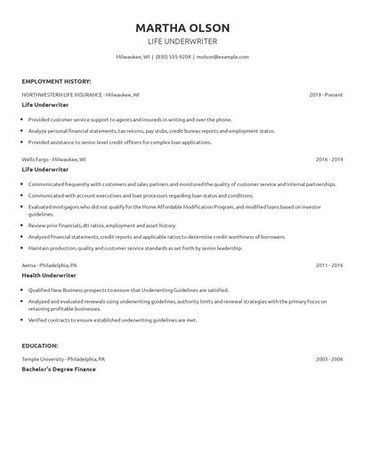 Life Underwriter Resume