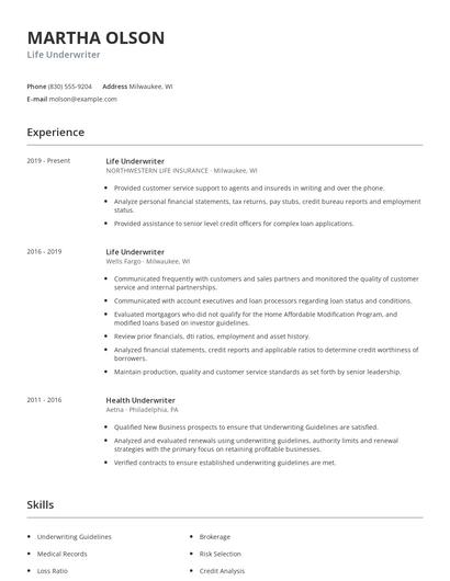 Life Underwriter Resume