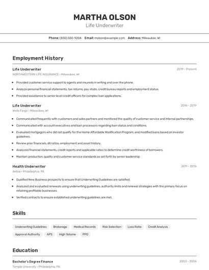 Life Underwriter Resume