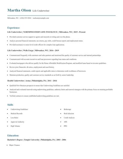 Life Underwriter Resume