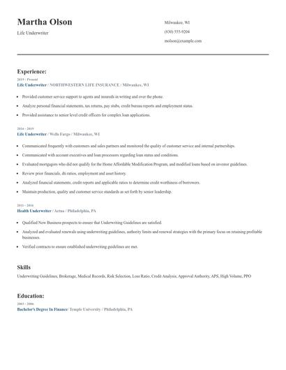 Life Underwriter Resume