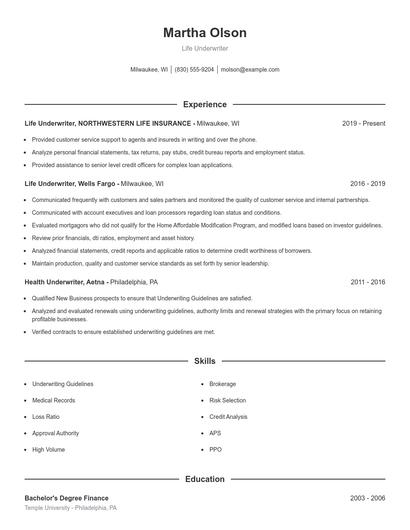 Life Underwriter Resume