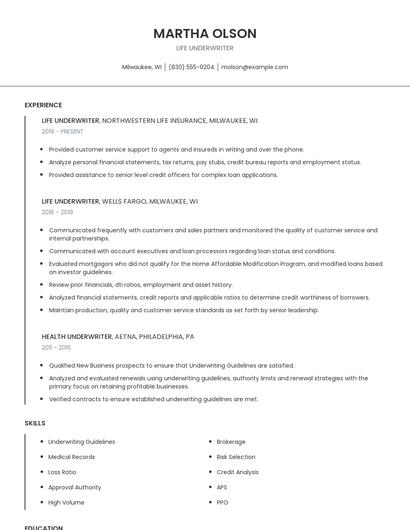 Life Underwriter Resume