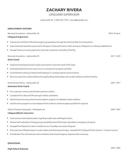 Lifeguard Supervisor Resume