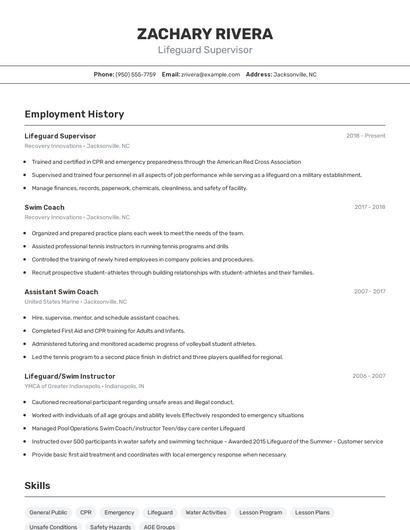 Lifeguard Supervisor Resume