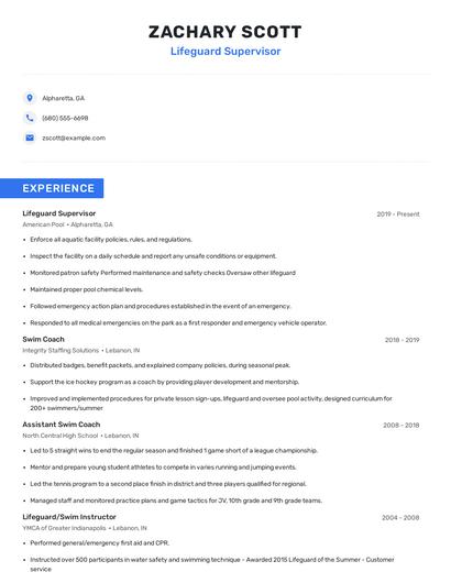 Lifeguard Supervisor Resume