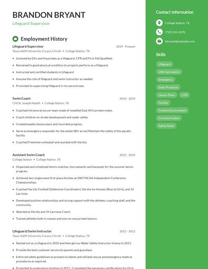 Lifeguard Supervisor Resume