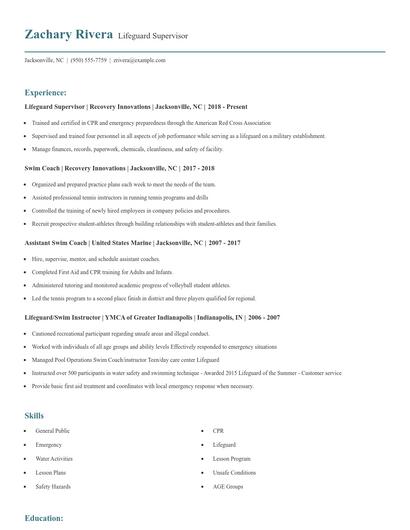 Lifeguard Supervisor Resume