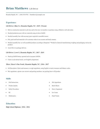 Lift Driver Resume