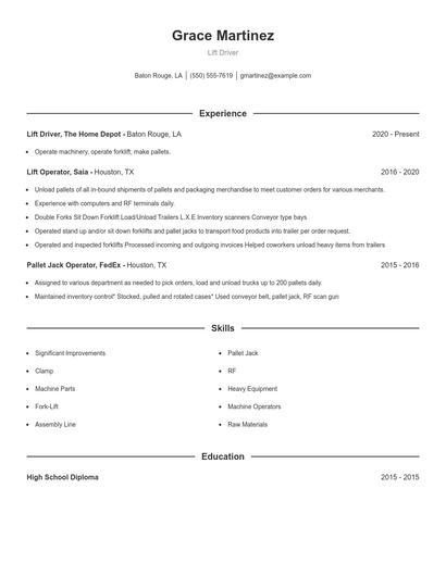 Lift Driver Resume