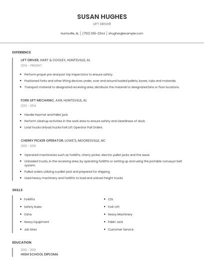 Lift Driver Resume