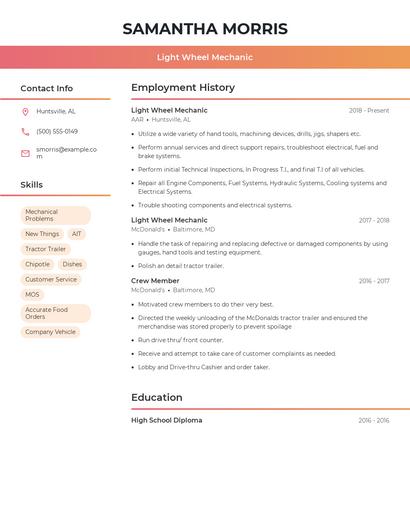 Light Wheel Mechanic Resume