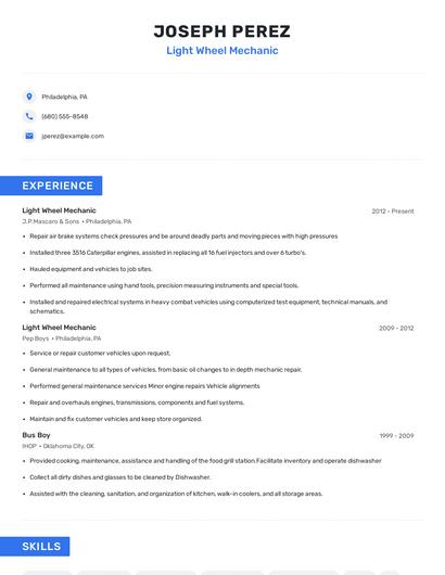Light Wheel Mechanic Resume