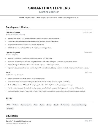 Lighting Engineer Resume