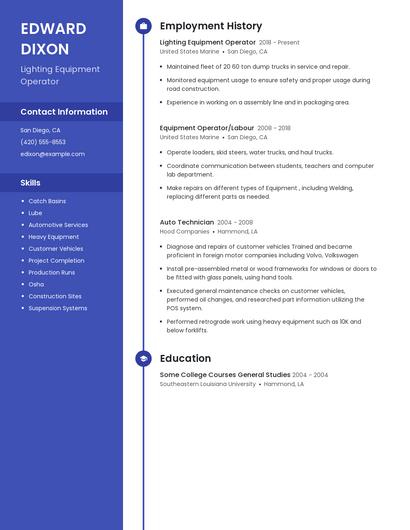 Lighting Equipment Operator Resume