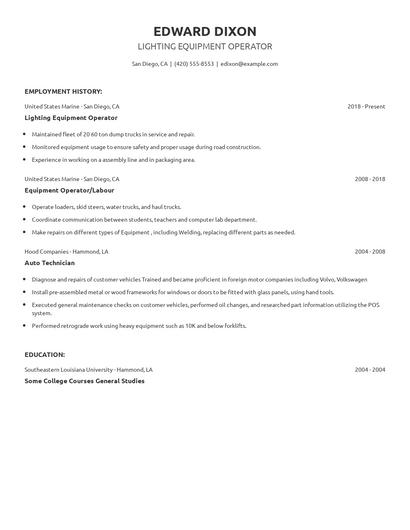 Lighting Equipment Operator Resume