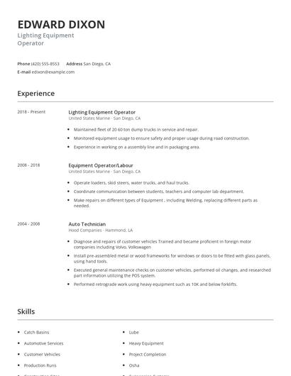Lighting Equipment Operator Resume