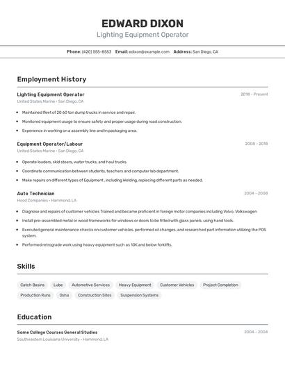 Lighting Equipment Operator Resume