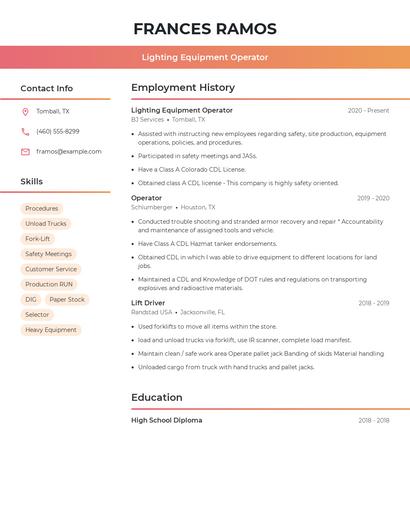 Lighting Equipment Operator Resume