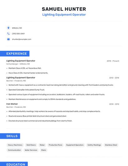 Lighting Equipment Operator Resume