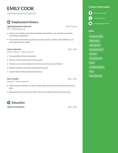 Lighting Equipment Operator Resume