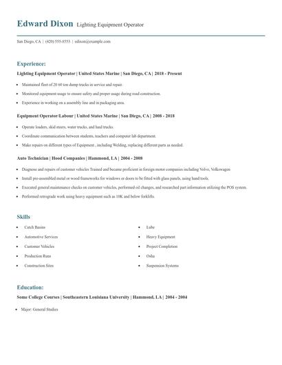 Lighting Equipment Operator Resume