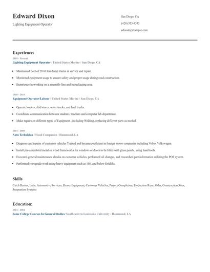 Lighting Equipment Operator Resume