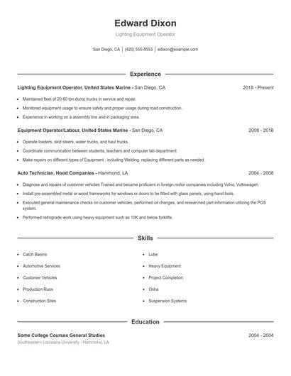 Lighting Equipment Operator Resume