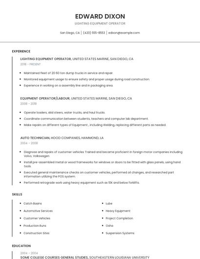Lighting Equipment Operator Resume